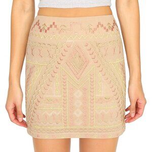 Nude Beaded Embroidered Aztec Mini Skirt b24